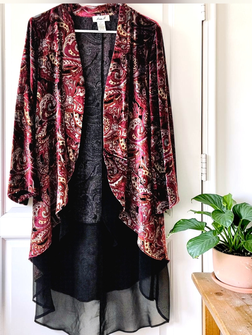 Ania.A Burnout Velvet Duster Paisley w Black Hi-Lo Hem Bohemian Whimsigoth Sz S
